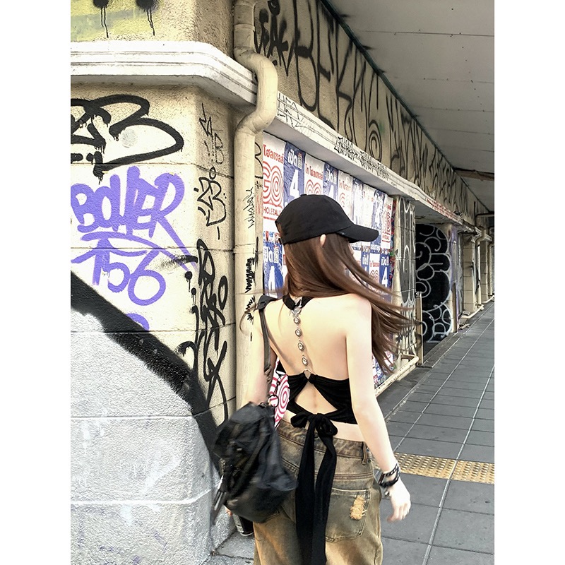 帶胸墊掛脖綁帶設計性感露背吊帶修身無袖純欲短上衣