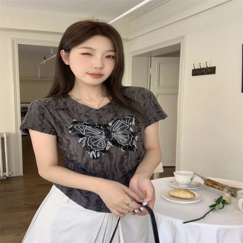 Heavy Industry Butterfly Applied Short Sleeve T-shirt for Women 2025 Summer New Design Style Fashion Slim Niche Ripped Top