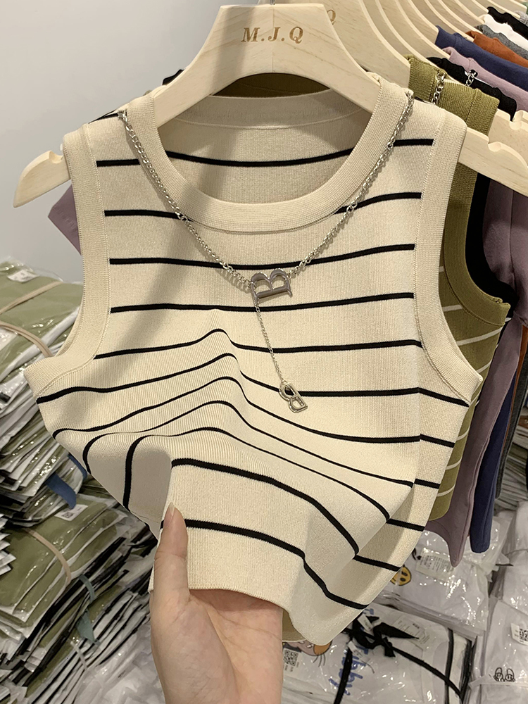 純欲辣妹風高腰露臍短款條紋背心女夏季新款修身內搭無袖上衣