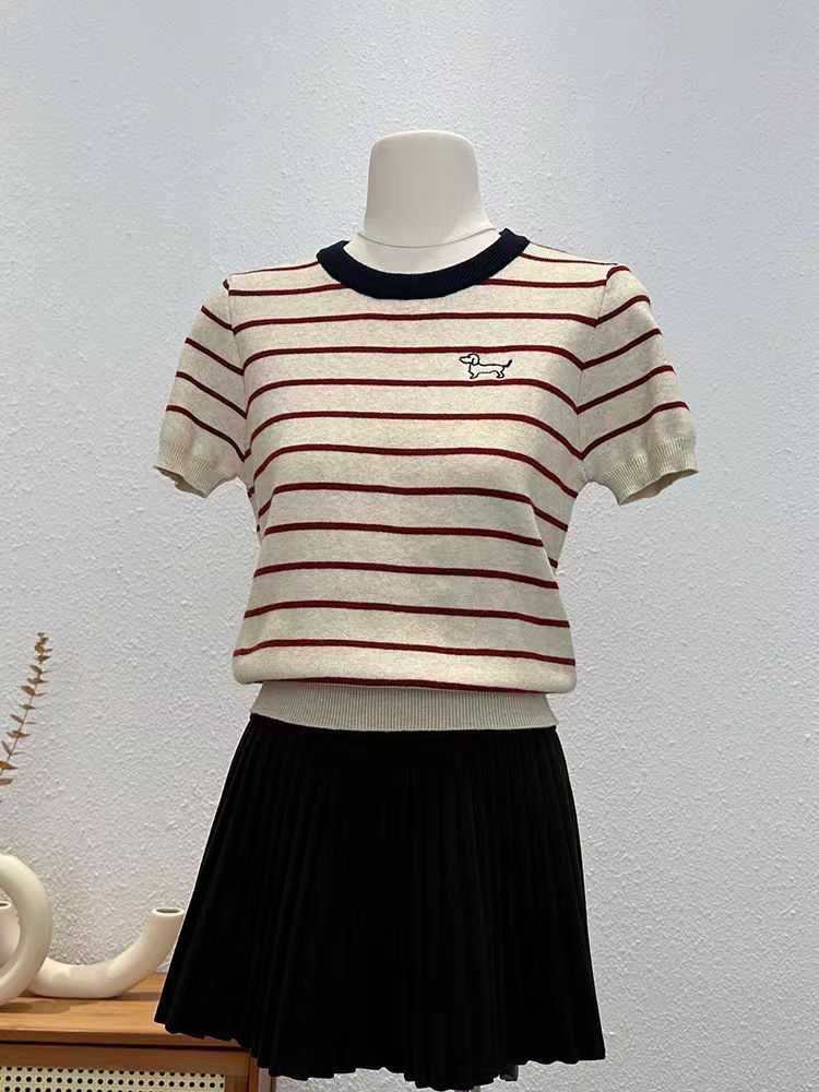 2025早春新款韓版撞色條紋小狗刺繡短袖針織衫上衣女