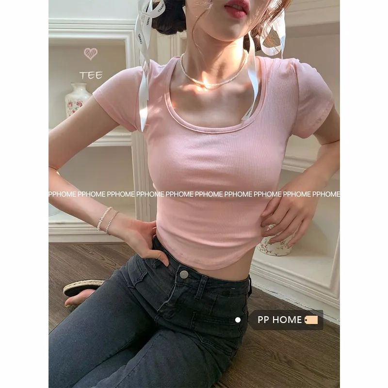 Front shoulder U-neck T-shirt for women's short-sleeved summer white inner bottom shirt American sweet hot girl super low-neck short top