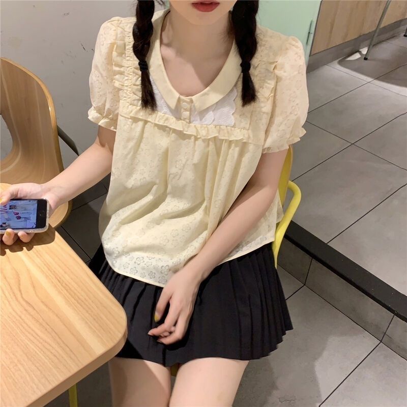 French temperament sweet milk apricot color doll collar puff sleeve short sleeve floral shirt top for women