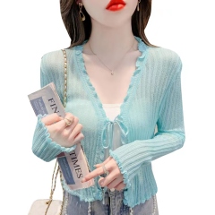 法式V領針織開衫女夏季薄款防曬衣小坎肩披肩外套木耳邊外搭上衣
