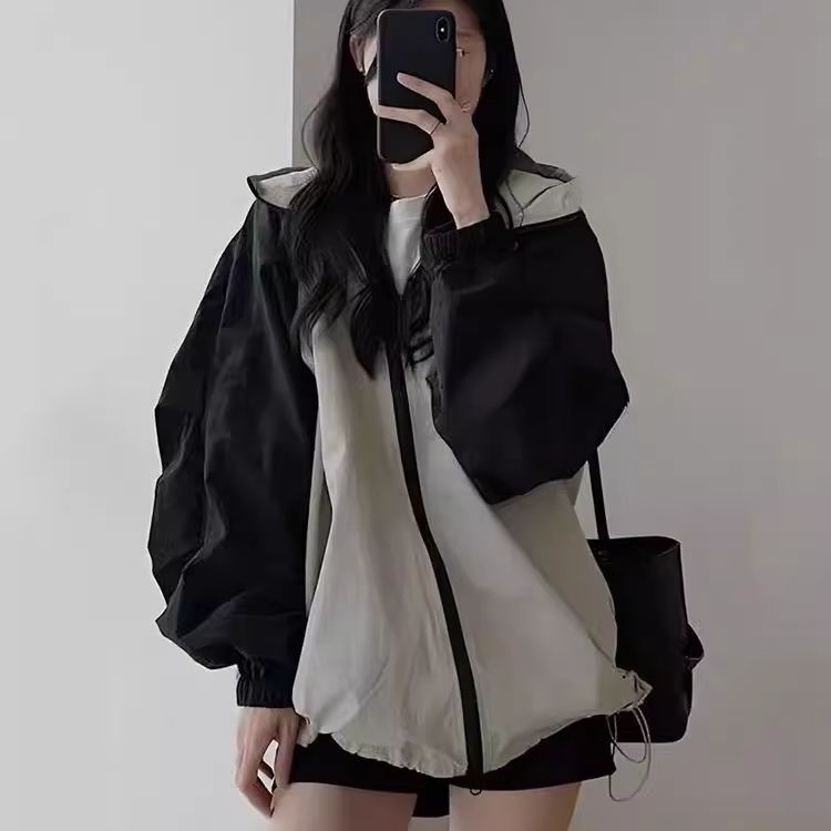 拼色薄款衝鋒衣外套女2025春夏新款復古戶外寬鬆輕薄透氣防曬衣女