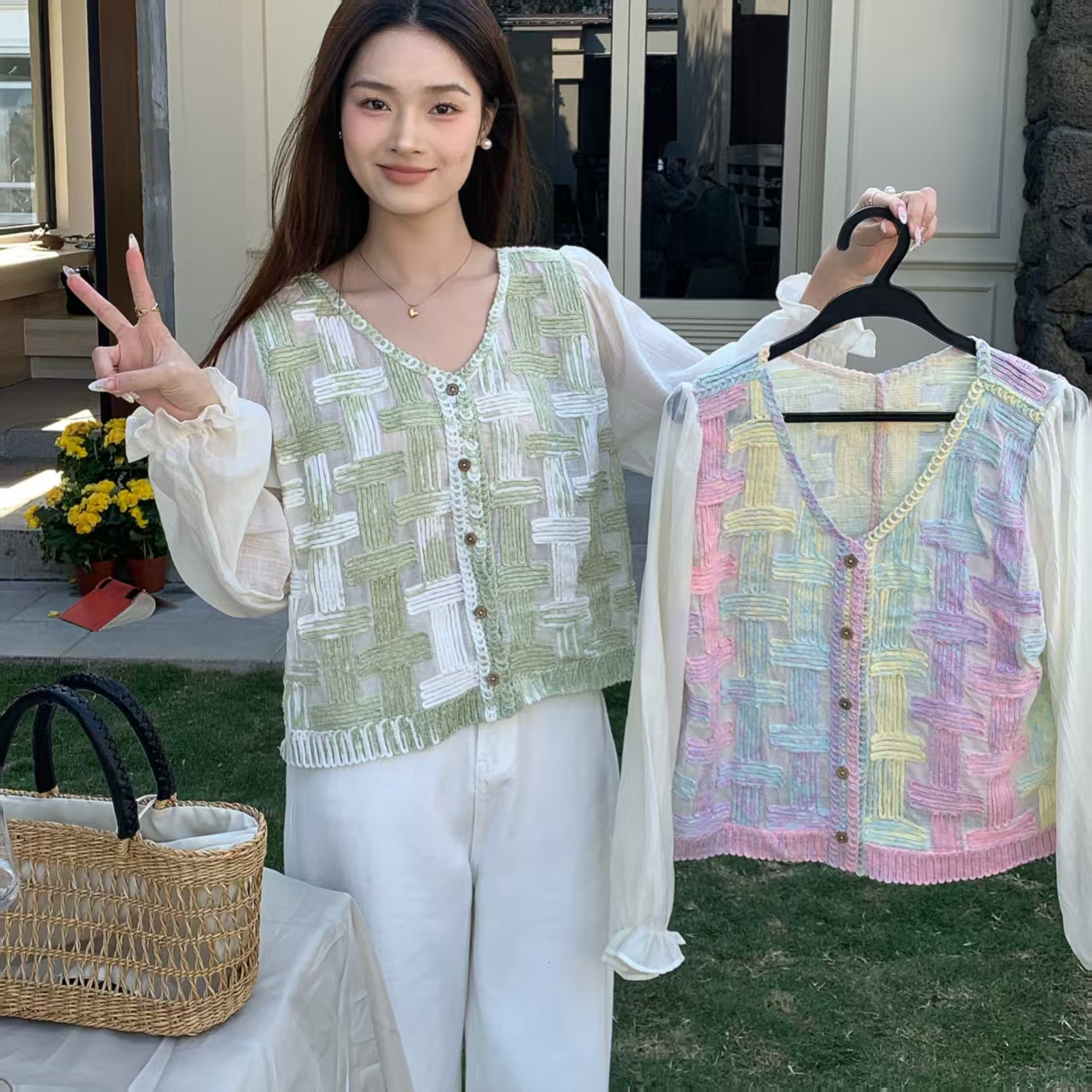 2025渡假風長袖針織拼接襯衫女春夏秋新款顯瘦假兩件上衣時尚小衫