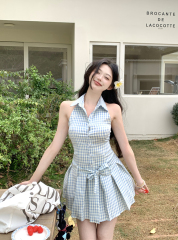 Real shot~ Sweet age-reducing plaid neck halter skirt for women 2025 new French inner sleeveless dress