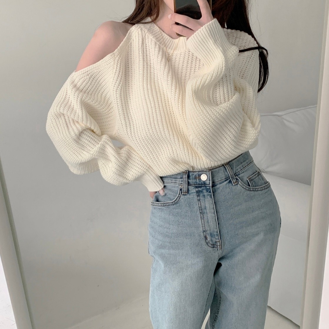 Korean chic spring round neck leak one-shoulder design sweater white versatile long-sleeved top