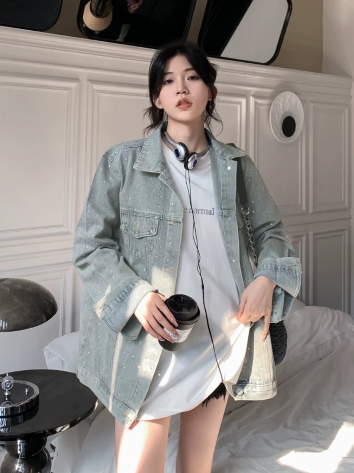 2025 Spring and Autumn New Lazy Style Denim Jacket Women's Winter Loose Korean Style Trendy Brand Denim Jacket with Diamond Top