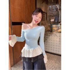 Sweet style long-sleeved off-shoulder blue T-shirt for women's spring French polka dot bottom shirt with lace skirt top