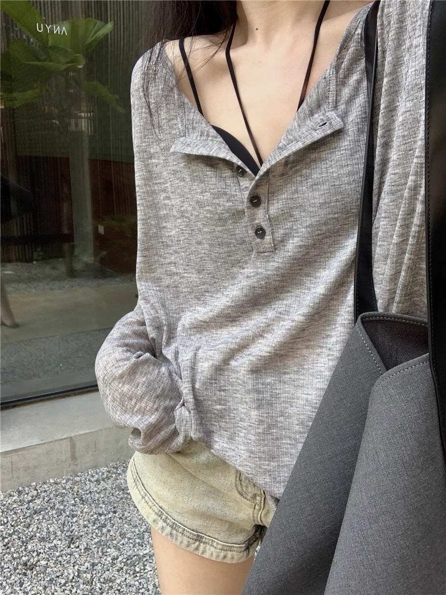 原版廣州面料慵懶風長袖T恤女薄款休閒罩衫防曬衣寬鬆上衣