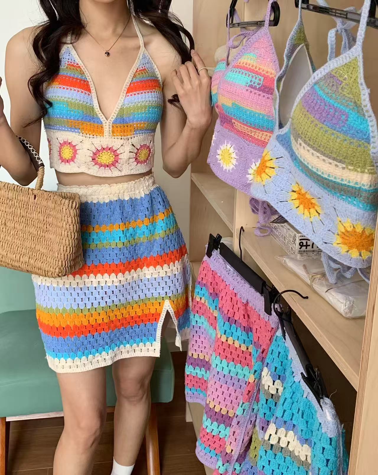 2025兩件套海邊度假風彩色針織小吊帶女夏季高腰顯瘦短裙套裝