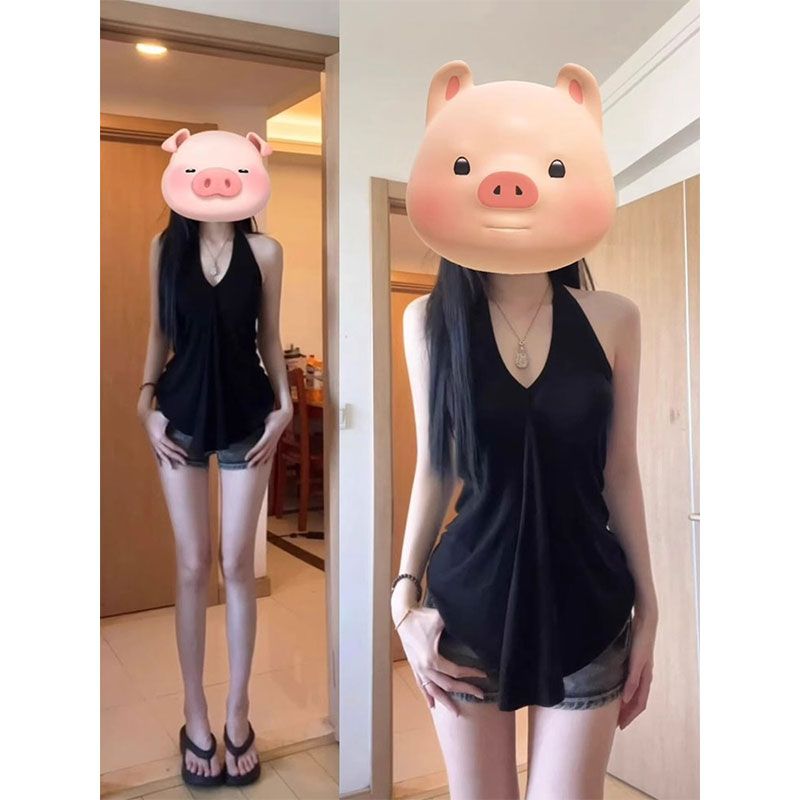 American hot girl design halter vest for women in summer big V neck irregular backless sexy pure sling