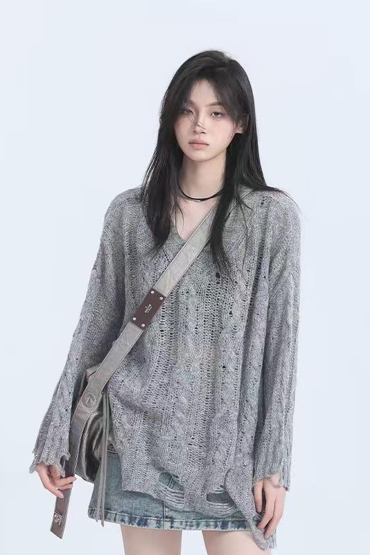 Lazy style gray v-neck hollow sweater women's atmosphere slightly transparent layered blouse