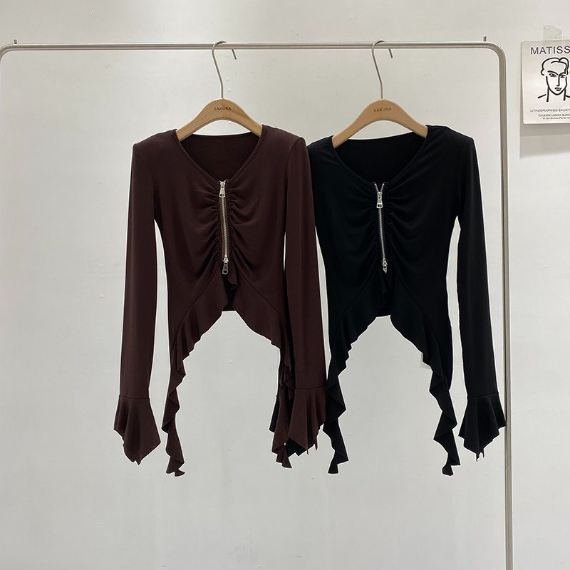 260g cotton Korean V-neck irregular long-sleeved T-shirt for women for women's autumn design zipper slim short top