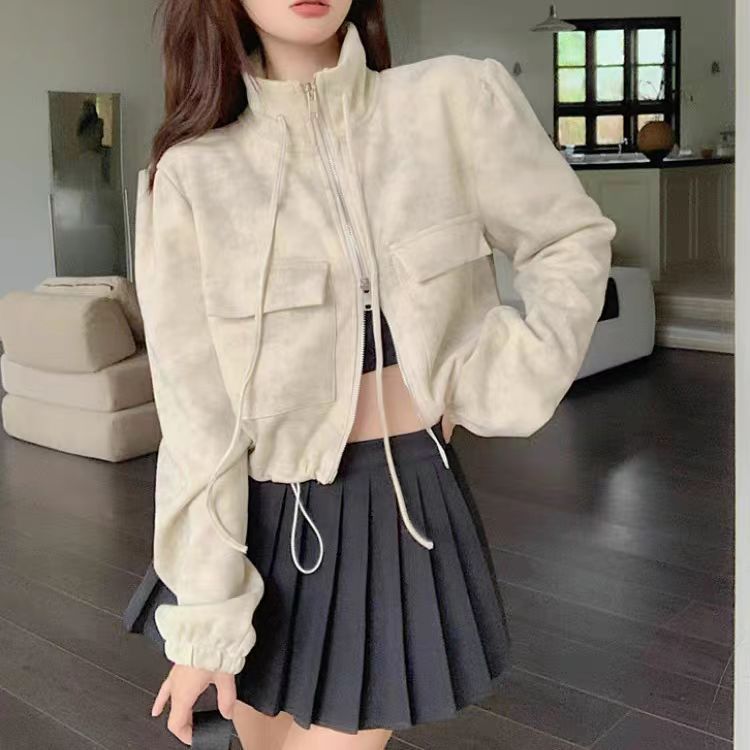 American hot girl double zipper short work jacket for women 2025 spring new loose slim high waist drawstring top