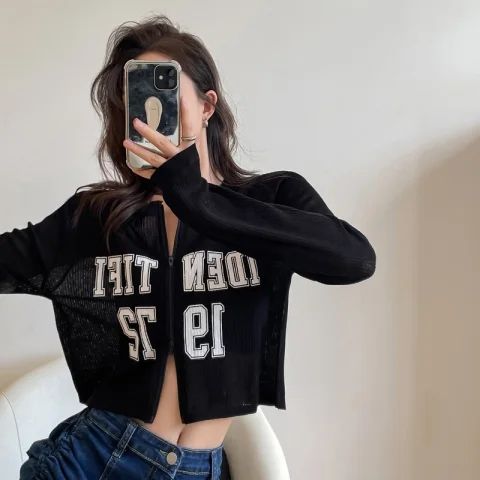 Air conditioning shirt thin summer loose short long-sleeved sunscreen shirt with top ice silk letter cardigan jacket