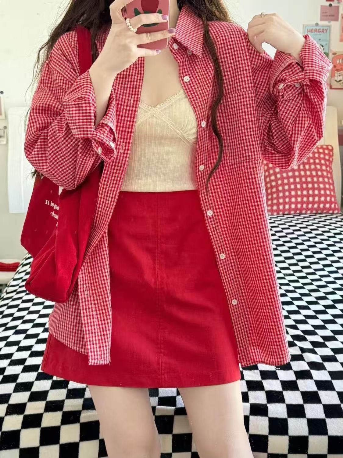日系甜美格子襯衫女內搭疊穿襯衣小眾設計感上衣遮肉休閒外套開衫