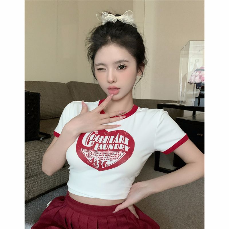 Rib hot girl white love short-sleeved women's summer pure and sexy letters
