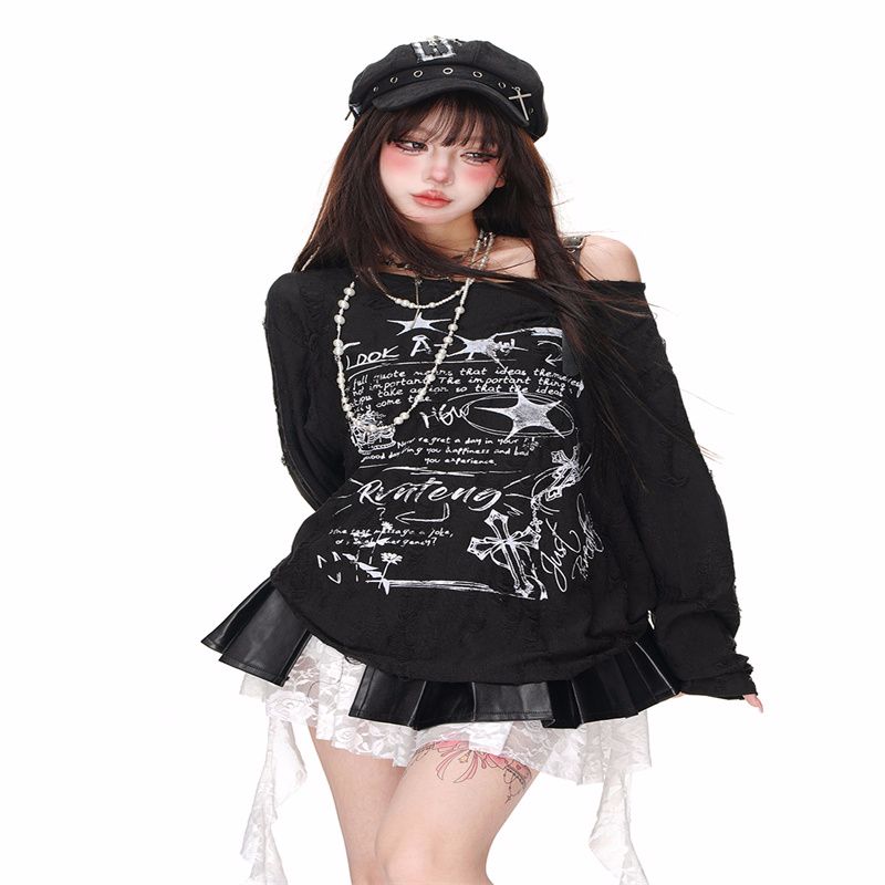 Early autumn outfit wasteland wind leaking shoulders European and American hot girls loose blouse tops for women in spring and autumn ripped off-shoulder long-sleeved T-shirt