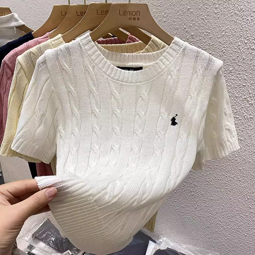 圓領短袖T恤女春季短袖打底衫設計感小眾法式高級感針織內搭上衣