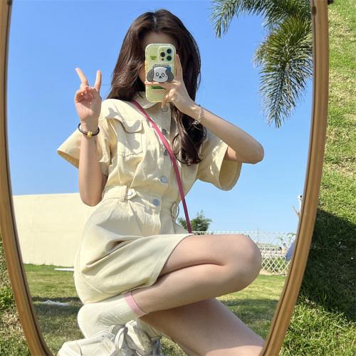 Washing cotton twill Korean high-end short-sleeved dress for women's summer new chic waist-closing A-line short skirt