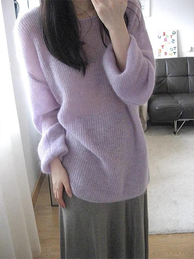 New early spring thin sweater loose lazy style mohair lazy style Korean purple hollow Korean round neck blouse