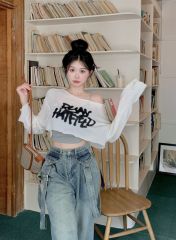 190g men's cotton graffiti white long-sleeved T-shirt for women's thin sunscreen blouse loose short top