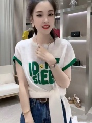 韓版時尚字母撞色字母印花2025夏季新款下擺打結T恤短袖上衣