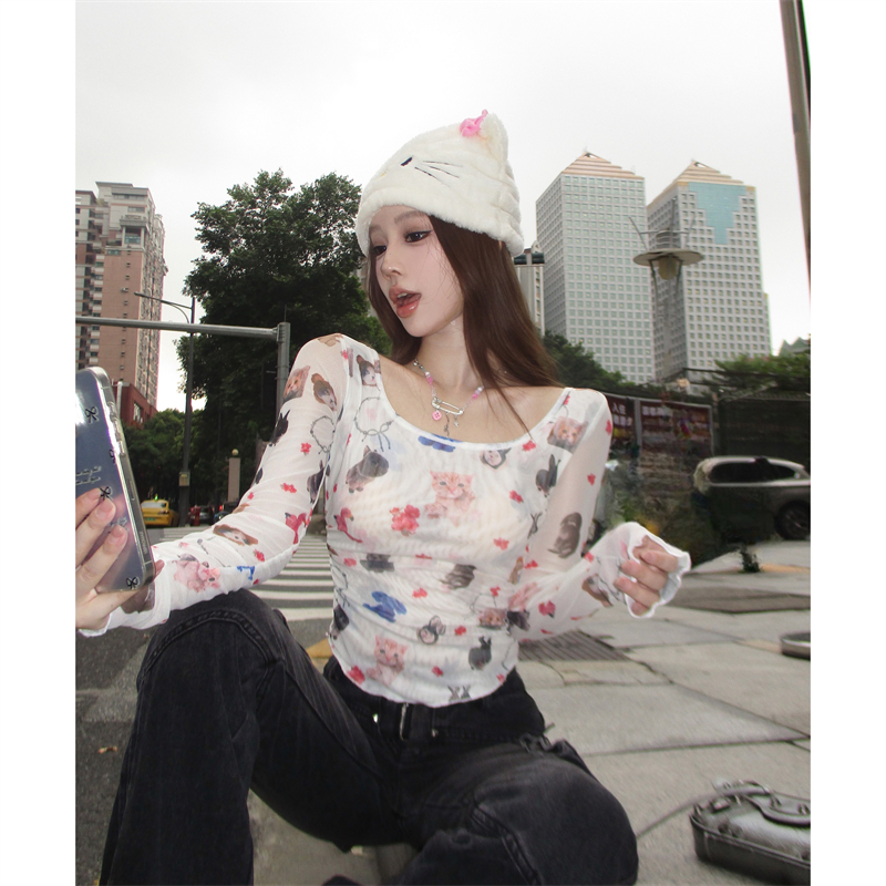 Real shot~ Sweet and spicy pure sensual gauze cartoon cat printed hollow backless strap slim and short top