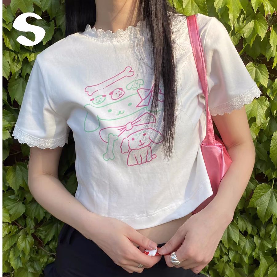 Imitation Cool Silk Cotton Summer Short Cartoon Printed Lace Edge Spliced ​​Short Slim and Versatile Short Sleeve T-shirt Top