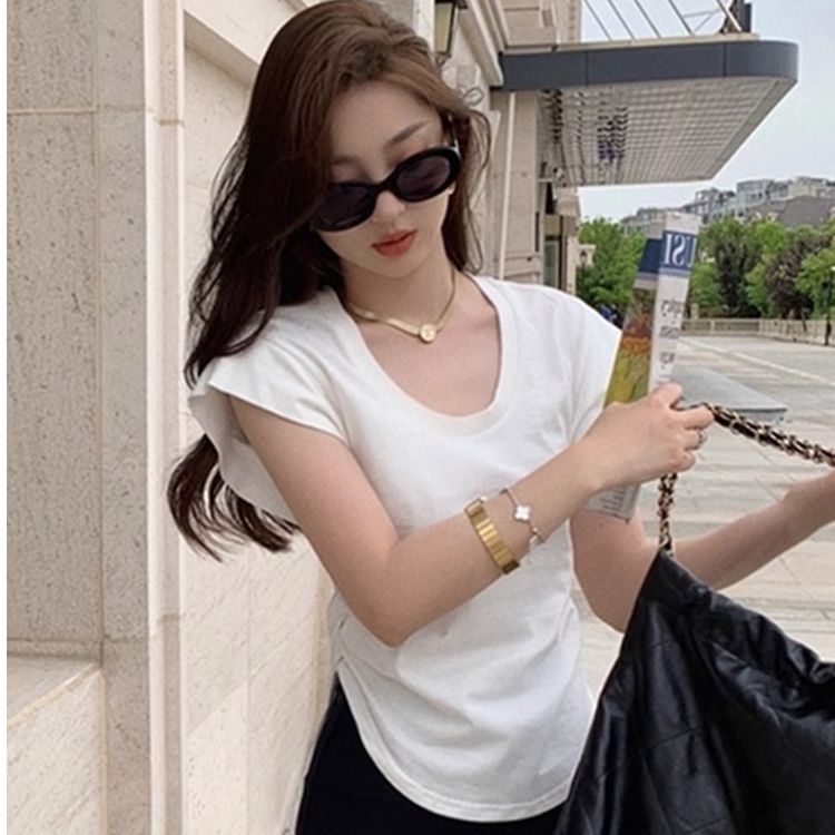 210g pure cotton thread quality U-neck unique special T-shirt slim hot girl short top