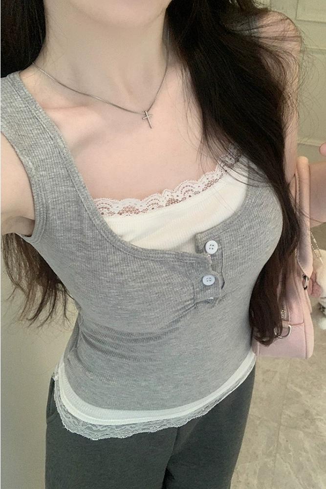 蕾絲拼接假兩件吊帶背心女夏季帶胸墊撞色修身辣妹打底衫上衣外穿