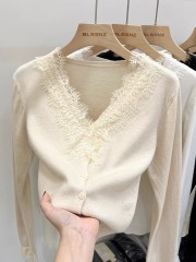 Lace V-neck Knit Top for Women, Open Cardigan Sweater, Spring, Autumn, Winter Design, Unique and Stylish Short-Sleeve Top for Women, Base Layer Shirt for Women