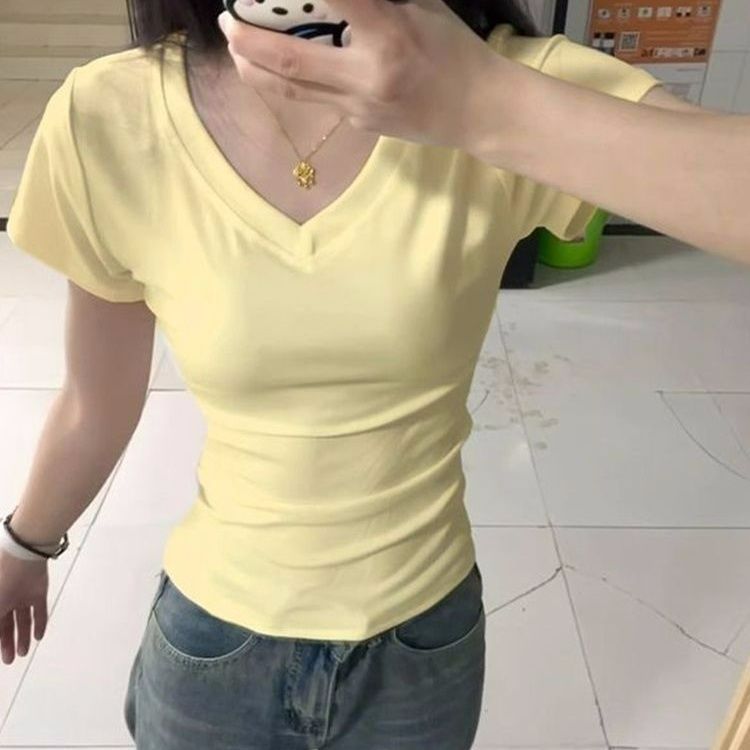 V-neck slim fit slim short-sleeved women's niche commuter front shoulder casual solid color design top women's blouse