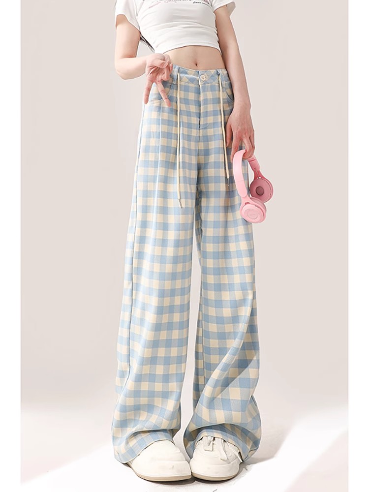 Blue plaid wide-leg pants for women in the inner 2025 new summer loose slim casual pants