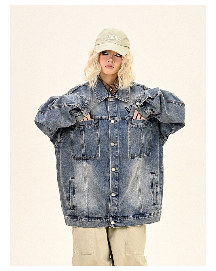 Afraid of trouble black love embroidered denim jacket for women's spring new loose bf American college style jacket