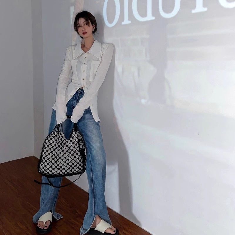 Original method of waist-closing shirt for women with slim temperament base shirt with long-sleeved top