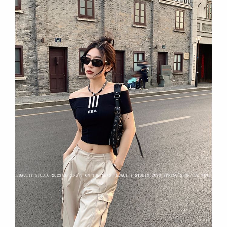 92-person cotton 8 spandex one-shoulder letter T-shirt top for women short slim fit niche base shirt