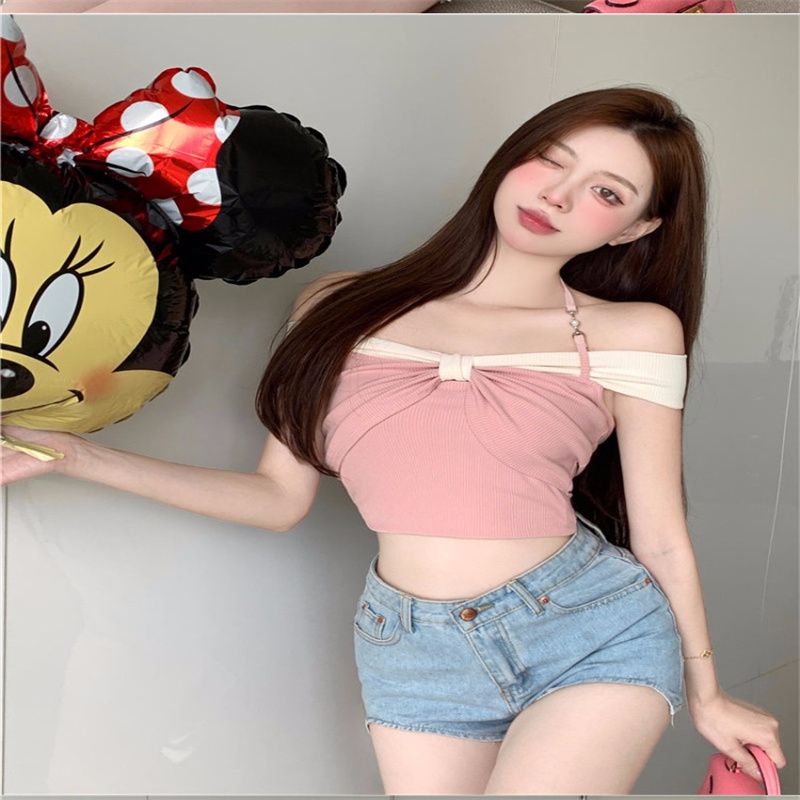 Summer pure sweetheart hot girl contrasting color one-shoulder T-shirt for women with small short design slim and off-shoulder top