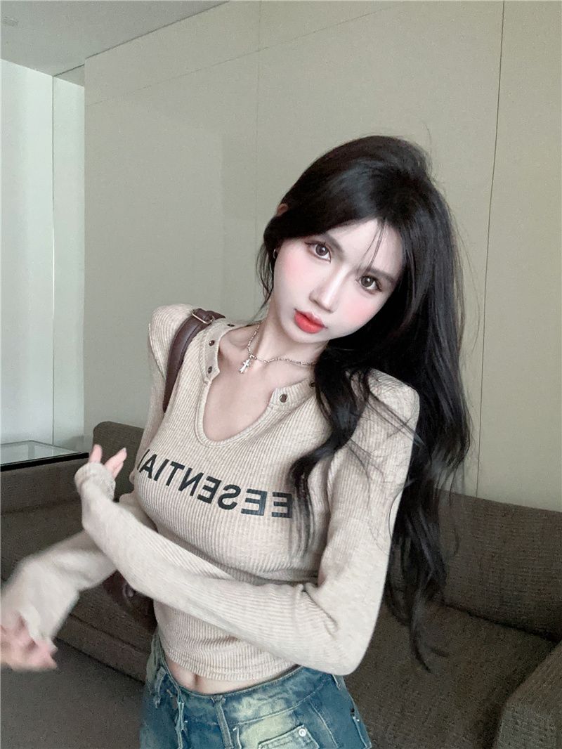 300g pit strip American retro v-neck long-sleeved T-shirt for autumn hot girls waist short base shirt underwear