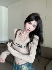 300g pit strip American retro v-neck long-sleeved T-shirt for autumn hot girls waist short base shirt underwear