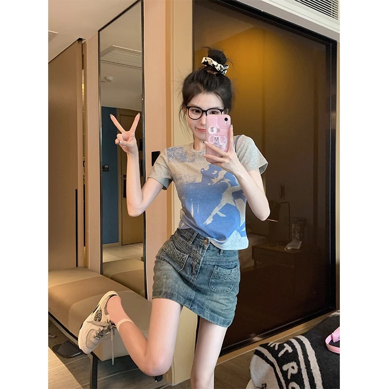 Official photo 92 cotton/8 spandex 40 210g pure cotton printed short-sleeved T-shirt women's design sense