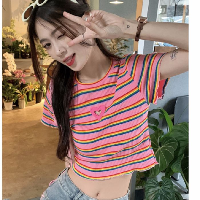 95 cotton original quality sweet hot girl striped short-sleeved T-shirt for women in summer design slim short burr top
