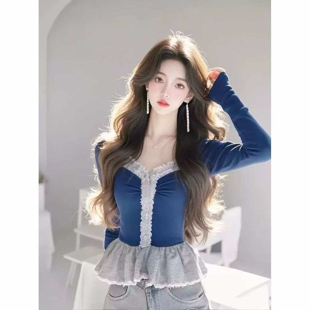 1*1 cotton French V-neck long-sleeved blue shirt for women with slim lace splicing short temperament top