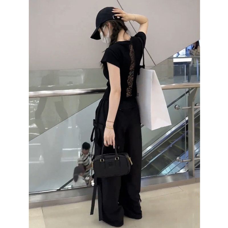 Modal 260 Pure desire behind hollow lace splicing slim fit short-sleeved T-shirt for women