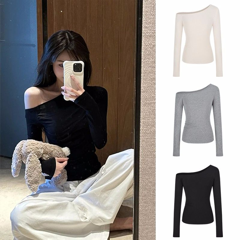 Off-shoulder hot girl long-sleeved T-shirt ins asymmetrical 2025 spring and autumn new slim fit slim off-shoulder versatile top for women