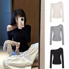Off-shoulder hot girl long-sleeved T-shirt ins asymmetrical 2025 spring and autumn new slim fit slim off-shoulder versatile top for women
