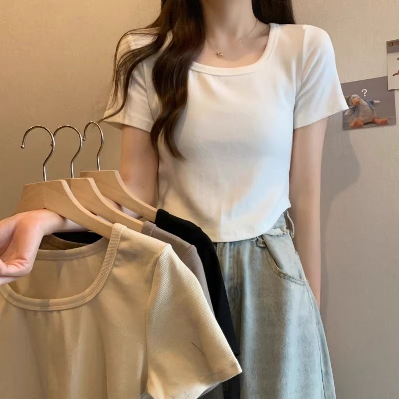Official picture 92 cotton/8 spandex 40 210g pure cotton French square collar front shoulder slim short sleeves