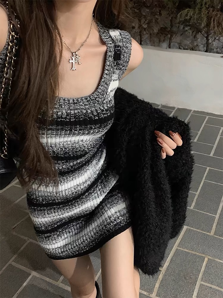 法式條紋針織吊帶背心連衣裙女夏季泰國波西米亞海邊度假沙灘長裙