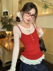 Sweet fungus lace long-sleeved T-shirt base shirt Korean layered suspender vest women's spring fashion two-piece suit